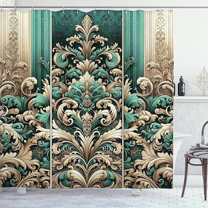 Ambesonne Damask Shower Curtain, Vintage Swirls and Curlicue Design Boho Nostalgic Oriental Influences, Cloth Fabric Bathroom Decor Set with Hooks, 69" W x 75" L, Teal Beige and Pale Brown