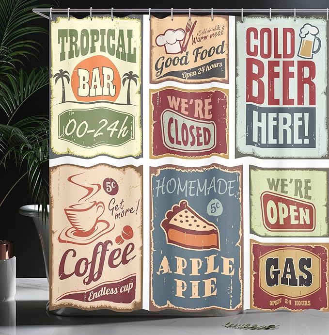 Ambesonne 1950s Shower Curtain, Vintage Style Signs Advertising Beverage Coffee Drink Aged Glass Tropical Nostalgia, Cloth Fabric Bathroom Decor Set with Hooks, 69" W x 70" L, Burgundy Ivory
