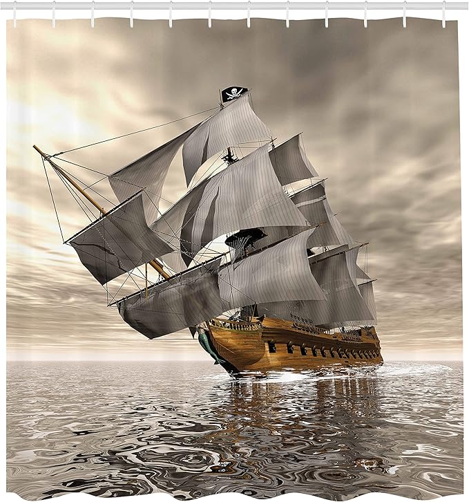 Ambesonne Ocean Shower Curtain, 3D Style Pirate Sea Ship and Historic Vessel and Cloudy Sky Voyage of Exploration Theme of Art, Cloth Fabric Bathroom Decor Set with Hooks, 69" W x 84" L, Coffee Grey