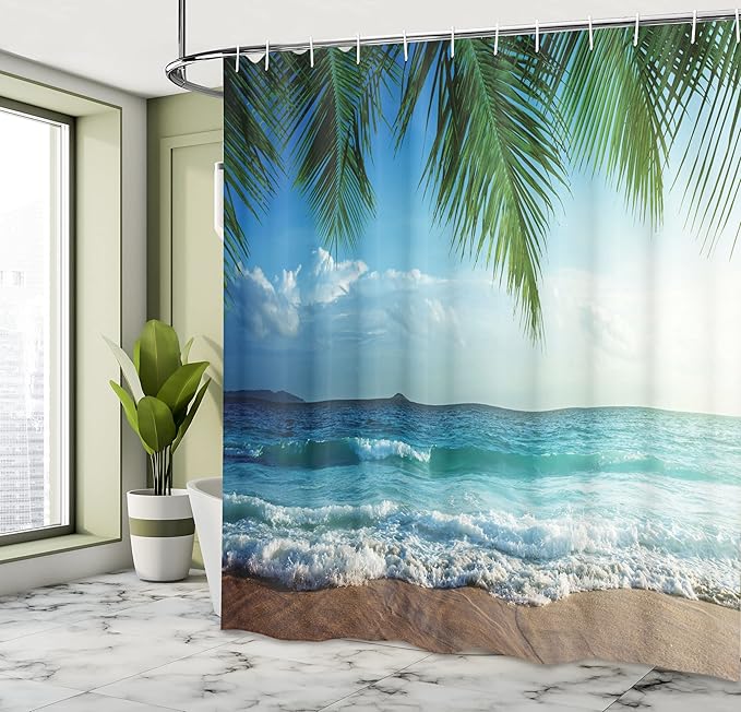 Ambesonne Ocean Shower Curtain, Palms Tropical Island Summer Beach Foamy Sea Water Maldives Idyllic Photography, Cloth Fabric Bathroom Decor Set with Hooks, 69" W x 84" L, Blue Green