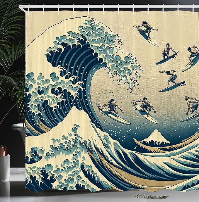 Ambesonne Ukiyo-e Wave Shower Curtain, Classic Japanese Ocean Painting with Flying Surfers Asian Folk, Cloth Fabric Bathroom Decor Set with Hooks, 69" W x 75" L, Navy Blue Ivory Seafoam