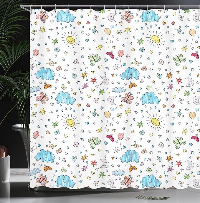 Ambesonne Retro Shower Curtain, Smiling Sun Moon Stars Clouds Flowers Butterflies Ladybugs Heart Shapes Art, Cloth Fabric Bathroom Decor Set with Hooks, 69" W x 84" L, Yellow Blue