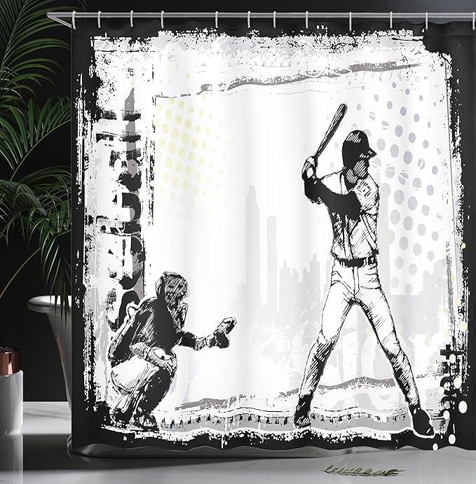 Ambesonne Sports Shower Curtain, Baseball Themed American Sport Team Rustic Design Silhouette Illustration Print, Cloth Fabric Bathroom Decor Set with Hooks, 69" W x 75" L, White Black