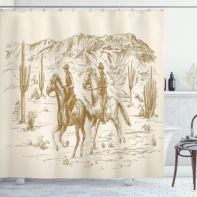 Ambesonne Western Shower Curtain, Country Theme Hand Drawn Illustration of American Wild West Desert with Cowboys, Cloth Fabric Bathroom Decor Set with Hooks, 69" W x 70" L, Pale Coffee