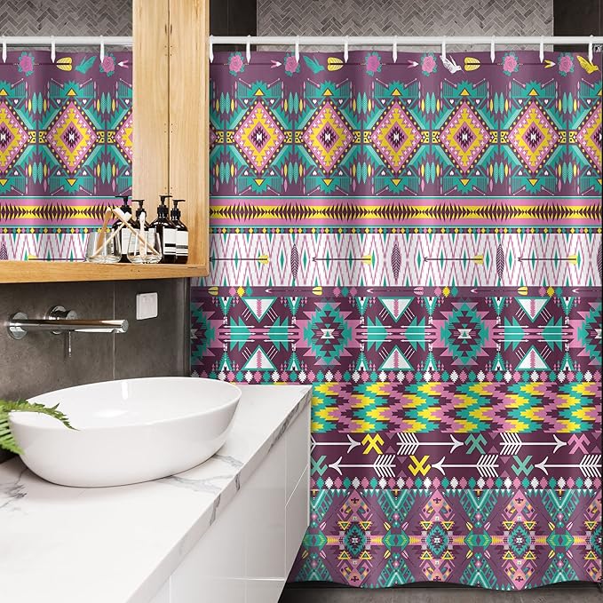Ambesonne Tribal Stall Shower Curtain, Traditional Pattern Geometrics and Arrows Art, Fabric Bathroom Decor Set with Hooks, 54" W x 78" L, Teal Purple Yellow