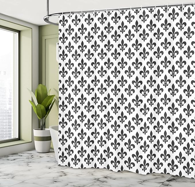 Ambesonne Fleur De Lis Shower Curtain, Silhouette Pattern of Fleur-de-Lis Classics Middle Ages Style Design, Cloth Fabric Bathroom Decor Set with Hooks, 69" W x 70" L, Black and White