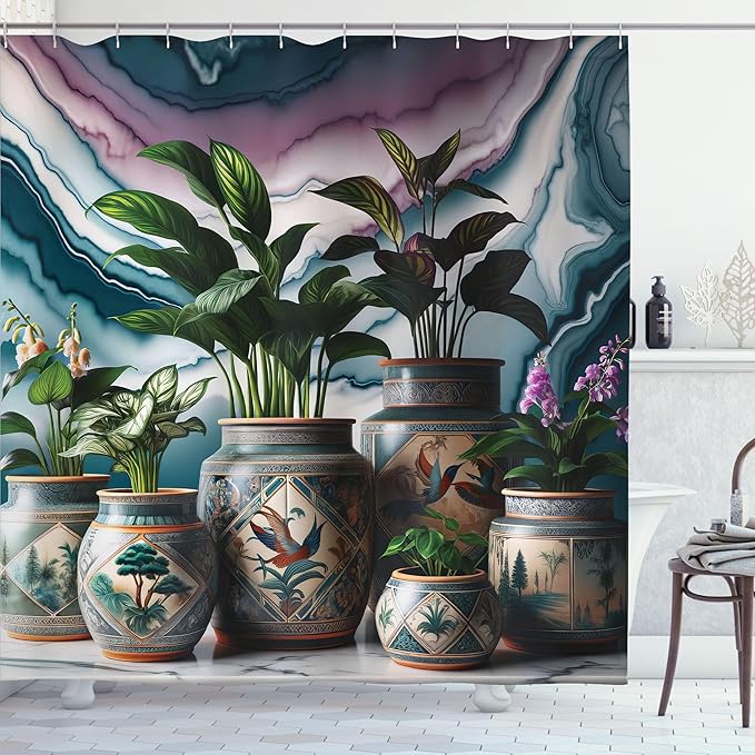 Ambesonne Botanical Shower Curtain, Oriental Detailed Illustration with Jungle Leaves on Marble Print Back, Cloth Fabric Bathroom Decor Set with Hooks, 69" W x 75" L, Sea Blue Fern Green