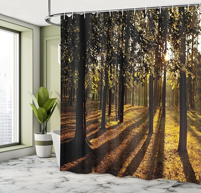 Ambesonne Forest Shower Curtain, Sunbeams Rays Through The Trees in Summertime Forest Countryside View Art Print, Cloth Fabric Bathroom Decor Set with Hooks, 69" W x 84" L, Orange Brown