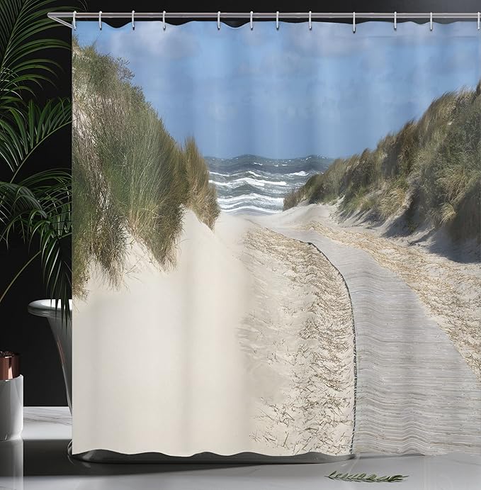 Ambesonne Beach Shower Curtain, Wavy Surface Traveling Greenery European Nature Shoreline Coastal View Cloudscape, Cloth Fabric Bathroom Decor Set with Hooks, 69" W x 70" L, Tan Blue Green