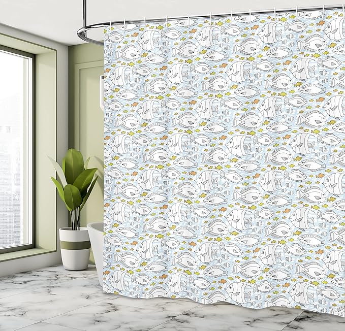 Ambesonne Jellyfish Shower Curtain, Sketch Art with Fish and Jellyfish Patterns Underwater Life Aquatic Illustration, Cloth Fabric Bathroom Decor Set with Hooks, 69" W x 70" L, Black Lime