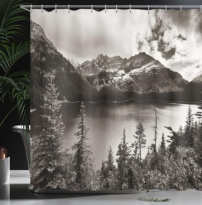 Ambesonne National Parks Shower Curtain, Alpine Area Province Waterfront Recreation Relaxation Getaway Design, Cloth Fabric Bathroom Decor Set with Hooks, 69" W x 84" L, White Black