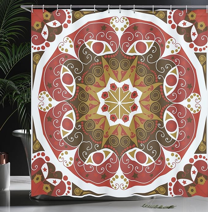 Ambesonne Classic Shower Curtain, Ornamentation Victorian Style Historic Interior Design Round Shape Art, Cloth Fabric Bathroom Decor Set with Hooks, 69" W x 70" L, Olive Green Ruby White