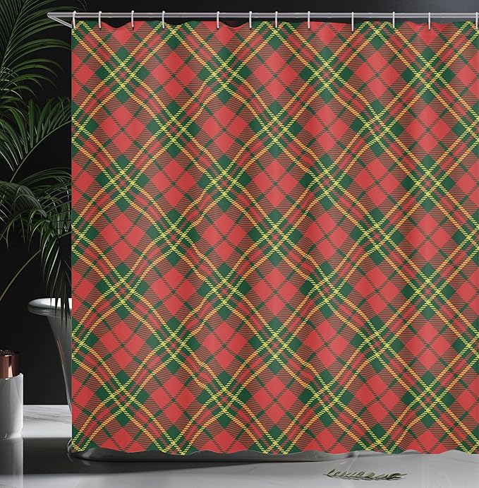 Ambesonne Checkered Shower Curtain, Irish Tartan Plaid Motifs in Christmas Colors Geometrical Stripes, Cloth Fabric Bathroom Decor Set with Hooks, 69" W x 84" L, Emerald Vermilion