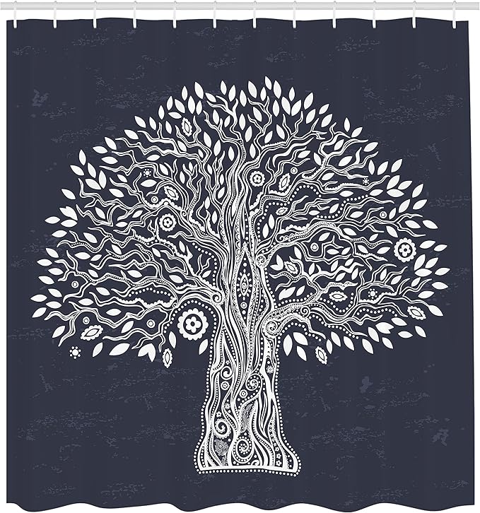 Ambesonne Tree of Life Shower Curtain, Doodle Tree Illustration Oriental Harmonious Design Mother Nature, Cloth Fabric Bathroom Decor Set with Hooks, 69" W x 75" L, Grey White