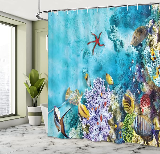 Ambesonne Ocean Shower Curtain, Corals Fishes Jellyfish Scatefish Starfish in Shallow Underwater, Cloth Fabric Bathroom Decor Set with Hooks, 69" W x 70" L, Sea Blue