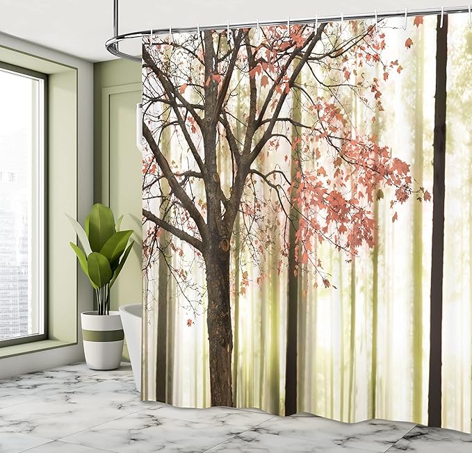 Ambesonne Autumn Shower Curtain, Picture of a Lonely Tree Leaves on an Abstract Woodland Background Print, Cloth Fabric Bathroom Decor Set with Hooks, 69" W x 84" L, Coral Cream