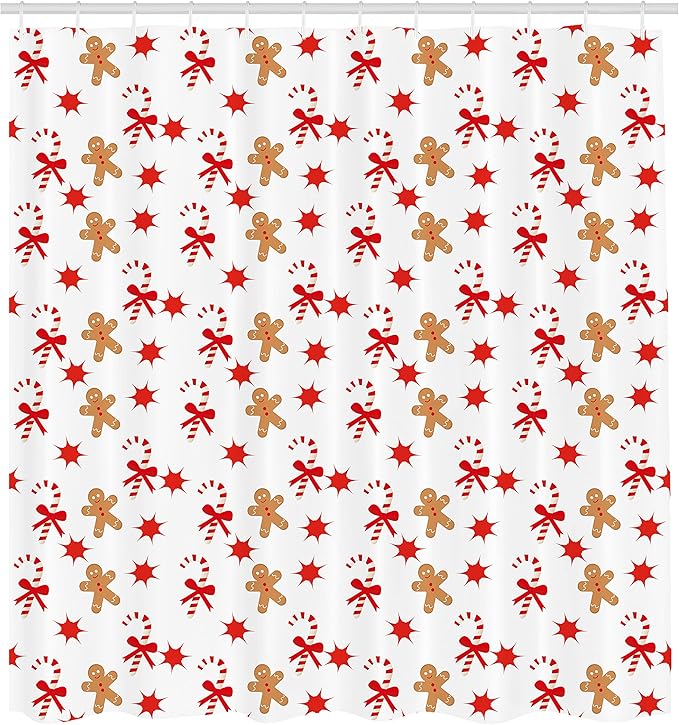 Ambesonne Gingerbread Man Shower Curtain, Candy Cane with Bowties Red Star Gingerbread Man Pattern, Cloth Fabric Bathroom Decor Set with Hooks, 69" W x 84" L, Sand Brown Orange