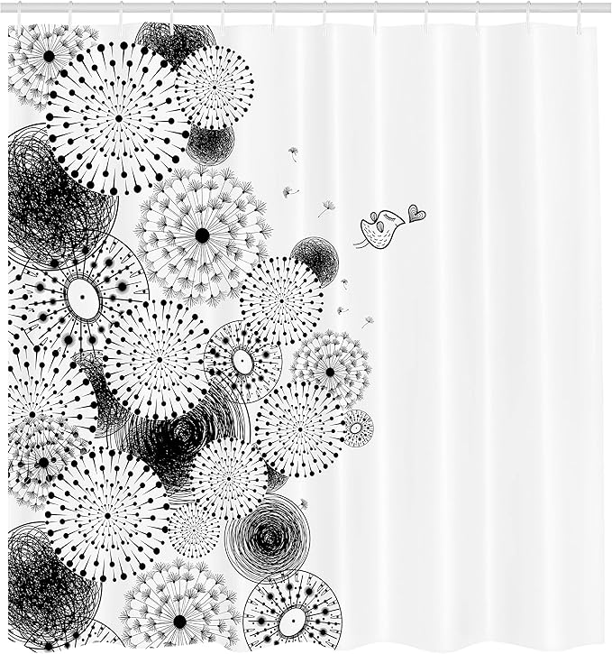 Ambesonne Black and White Shower Curtain, Dandelion Patterns with Circulating Sketchy Lines Bird Lion's Tooth Print, Cloth Fabric Bathroom Decor Set with Hooks, 69" W x 75" L, White Black