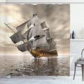 Ambesonne Ocean Shower Curtain, 3D Style Pirate Sea Ship and Historic Vessel and Cloudy Sky Voyage of Exploration Theme of Art, Cloth Fabric Bathroom Decor Set with Hooks, 69" W x 84" L, Coffee Grey