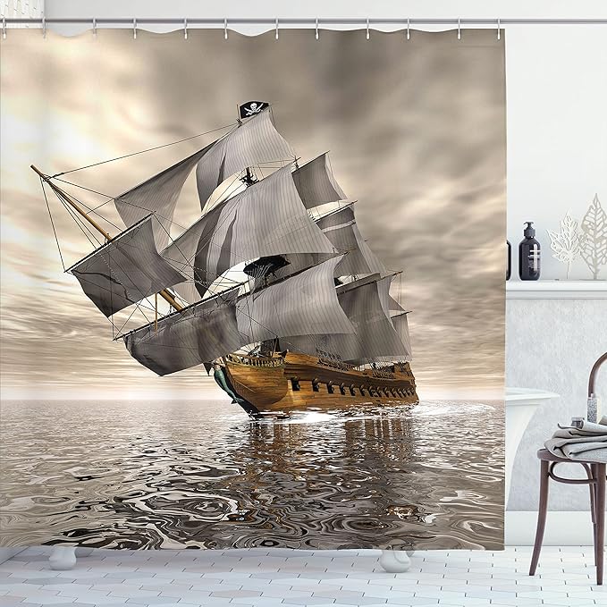 Ambesonne Ocean Shower Curtain, 3D Style Pirate Sea Ship and Historic Vessel and Cloudy Sky Voyage of Exploration Theme of Art, Cloth Fabric Bathroom Decor Set with Hooks, 69" W x 84" L, Coffee Grey