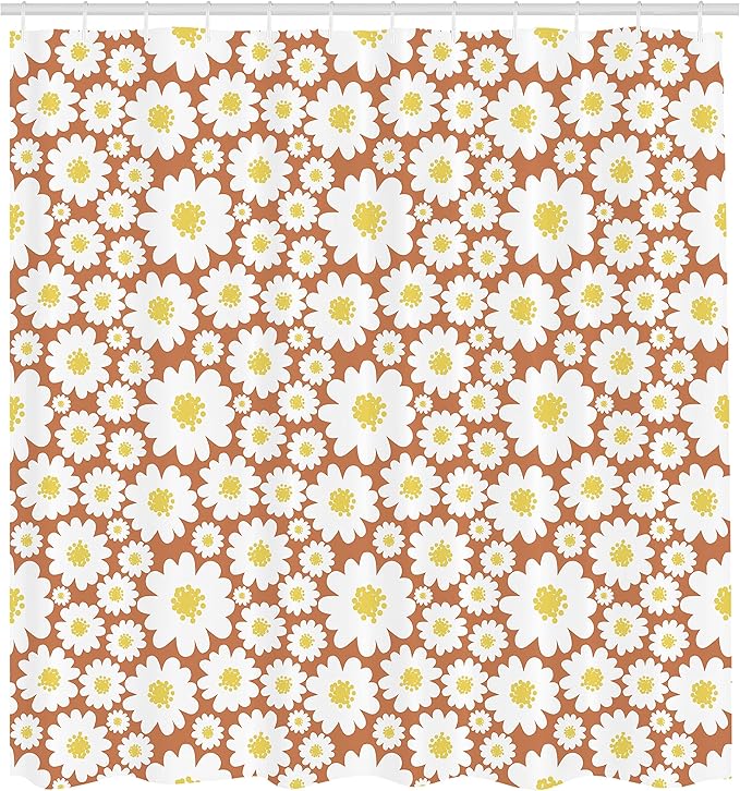 Ambesonne Floral Shower Curtain, Pastel Cartoon Like Flowers Daisies Spring Time Season Artwork Print, Cloth Fabric Bathroom Decor Set with Hooks, 69" W x 75" L, Cinnamon White