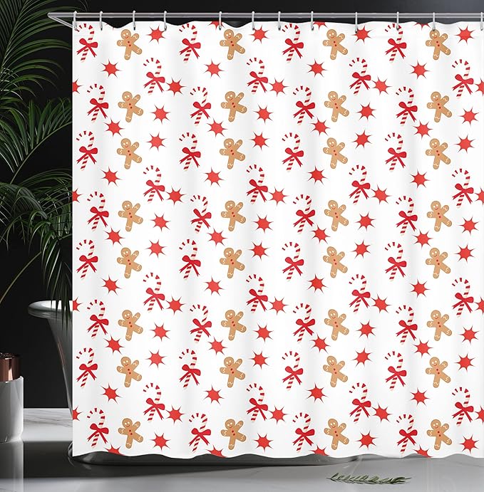 Ambesonne Gingerbread Man Shower Curtain, Candy Cane with Bowties Red Star Gingerbread Man Pattern, Cloth Fabric Bathroom Decor Set with Hooks, 69" W x 84" L, Sand Brown Orange