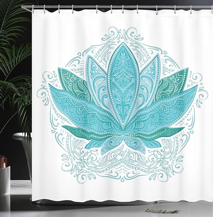 Ambesonne Lotus Shower Curtain, Oriental Flower with an Ornament of The Exotic Petals in The Traditional Style and Boho Design Art, Cloth Fabric Bathroom Decor Set with Hooks, 69" W x 84" L, Sky Blue