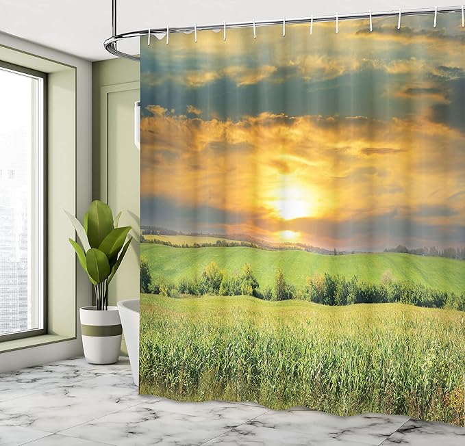 Ambesonne Rustic Shower Curtain, Corn Field and Sunrise Summer Sky Natural Paradise Pasture Mourning View Picture, Cloth Fabric Bathroom Decor Set with Hooks, 69" W x 70" L, Blue Green