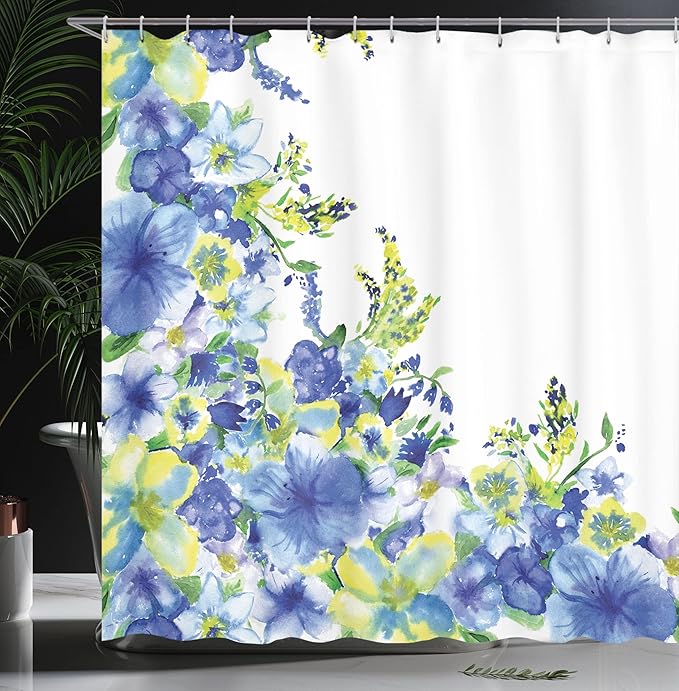 Ambesonne Watercolor Flower Shower Curtain, Motley Floret Motifs with Splash Anemone Iris Revival of Nature Theme, Cloth Fabric Bathroom Decor Set with Hooks, 69" W x 84" L, Yellow Blue