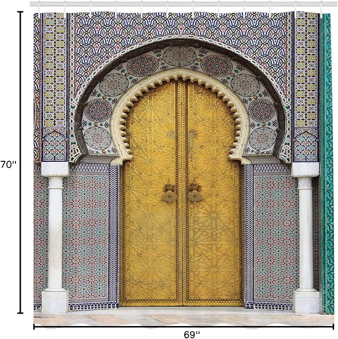 Ambesonne Orient Shower Curtain, Yellow Door of Royal Palace in FES Morocco Vintage Moroccan Artwork Mosaic Style, Cloth Fabric Bathroom Decor Set with Hooks, 69" W x 70" L, Navy Ivory