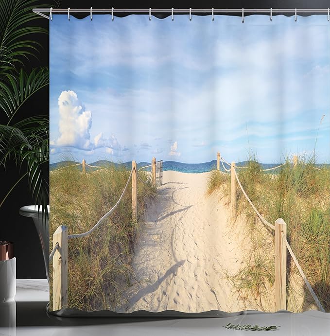 Ambesonne Beach Shower Curtain, Sandy Sh?re Entry of Fences in The South Miami Relaxing American Style Holiday Coastal Landscape, Cloth Fabric Bathroom Decor Set with Hooks, 69" W x 84" L, Cream Blue