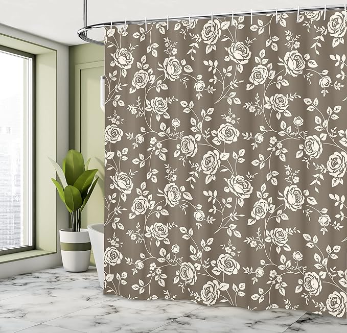Ambesonne Rose Shower Curtain, Silhouette Pattern of Rose Branches Twig Ornamental Old Fashioned Antique Design, Cloth Fabric Bathroom Decor Set with Hooks, 69" W x 70" L, Dark Taupe White