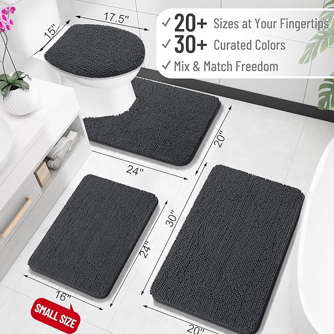OLANLY Toilet Rugs U-Shaped 24x24, Extra Soft Absorbent Chenille Contour Bathroom Rugs for Toilet, Dry Quickly, Machine Washable, Non-Slip Toilet Bath Mat, Dark Grey