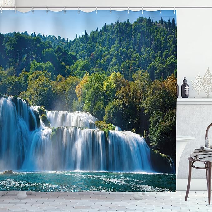 Ambesonne Waterfall Shower Curtain, Scenic Waterfall on The River and Forest Wild Space Life on Earth Photo, Cloth Fabric Bathroom Decor Set with Hooks, 69" W x 70" L, Green Blue Ivory