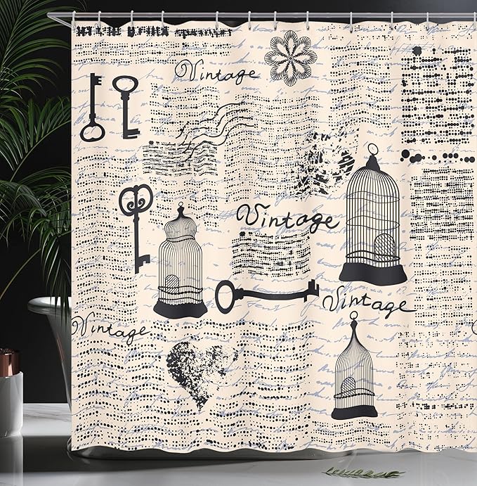 Ambesonne Old Newspaper Shower Curtain, Bird Cages Grunge Retro Pattern Keys Heart Shapes and Flower, Cloth Fabric Bathroom Decor Set with Hooks, 69" W x 75" L, Pale Blue Black Cream