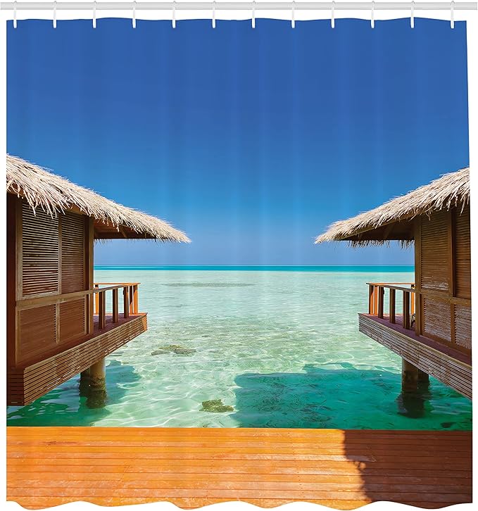 Ambesonne Beach Shower Curtain, Water Bungalows on Tropical Maldives Island Nature Landscape Journey, Cloth Fabric Bathroom Decor Set with Hooks, 69" W x 70" L, Orange Blue Pale Brown