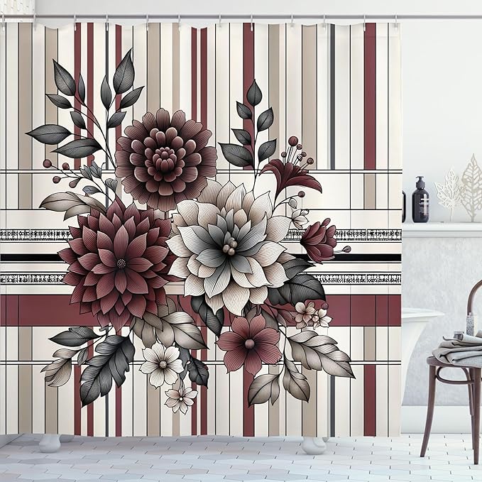 Ambesonne Floral Shower Curtain, Retro Flowers on Geometric Style Rectangle Motives Dahlia and Leaves, Cloth Fabric Bathroom Decor Set with Hooks, 69" W x 75" L, Dried Rose and Pale Tan