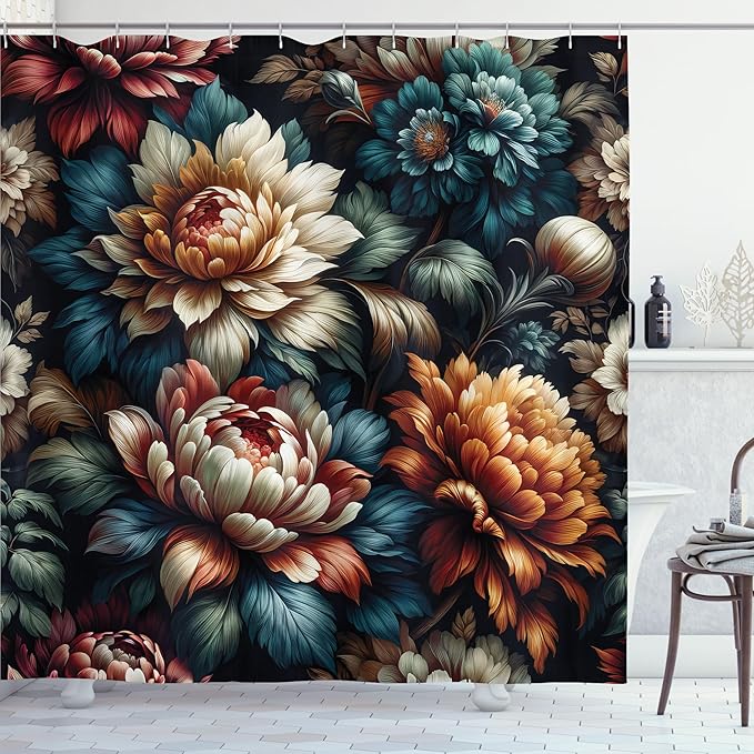Ambesonne Floral Shower Curtain, Vintage Colorful Blooms and Dahlia Petals Look Closeup Illustration Art, Cloth Fabric Bathroom Decor Set with Hooks, 69" W x 70" L, Teal Coral and Sea Blue