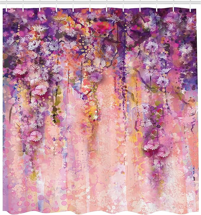 Ambesonne Watercolor Flower Shower Curtain, Wisteria Tree in Full Blossom Romantic Spring Over Bokeh Background, Cloth Fabric Bathroom Decor Set with Hooks, 69" W x 70" L, Purple Peach