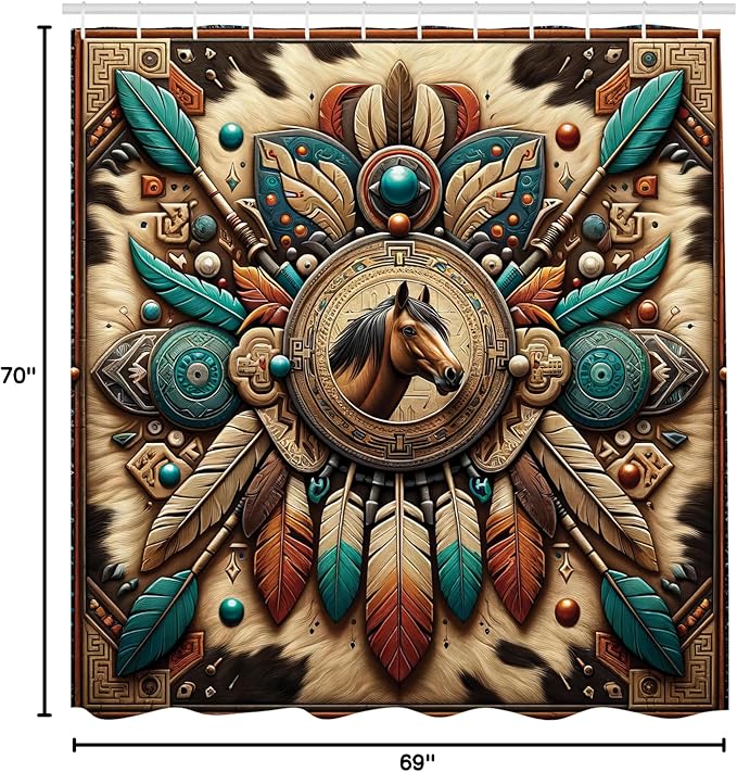 Ambesonne Rustic Shower Curtain, Wild West Horse Arrows and Feathers Southwestern Concept Earthy Colors, Cloth Fabric Bathroom Decor Set with Hooks, 69" W x 70" L, Teal Dark Taupe Cinnamon