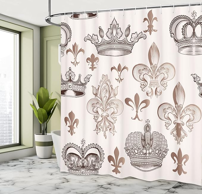 Ambesonne Fleur De Lis Shower Curtain, Crowns and Fleur-de-Lis Shapes in Engraved Style Fame Symbolic Artwork Print, Cloth Fabric Bathroom Decor Set with Hooks, 69" W x 70" L, Beige Tan