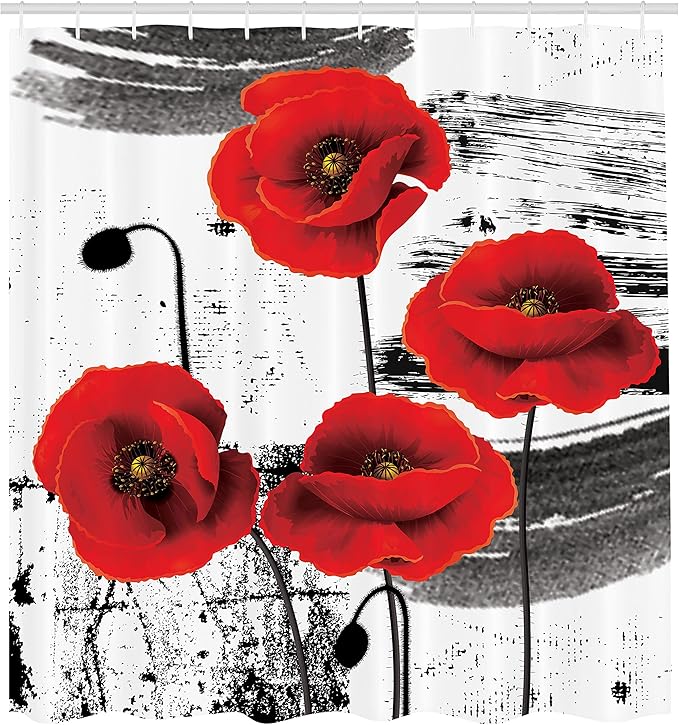 Ambesonne Poppy Flower Shower Curtain, Composition of Blossomings with Grunge Brush Background, Cloth Fabric Bathroom Decor Set with Hooks, 69" W x 70" L, Vermilion Grey