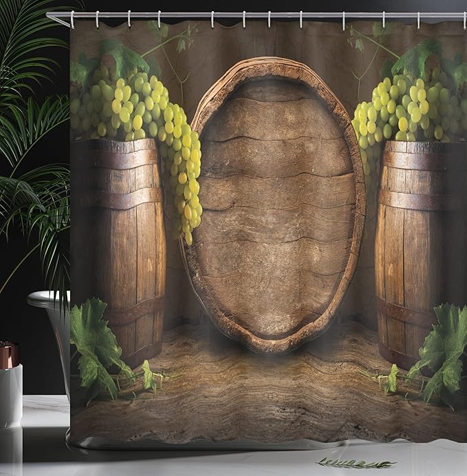 Ambesonne Winery Shower Curtain, Still Life of Wine with Wooden Keg Old Fashioned Wine Keeper Tasting, Cloth Fabric Bathroom Decor Set with Hooks, 69" W x 84" L, Green Apple