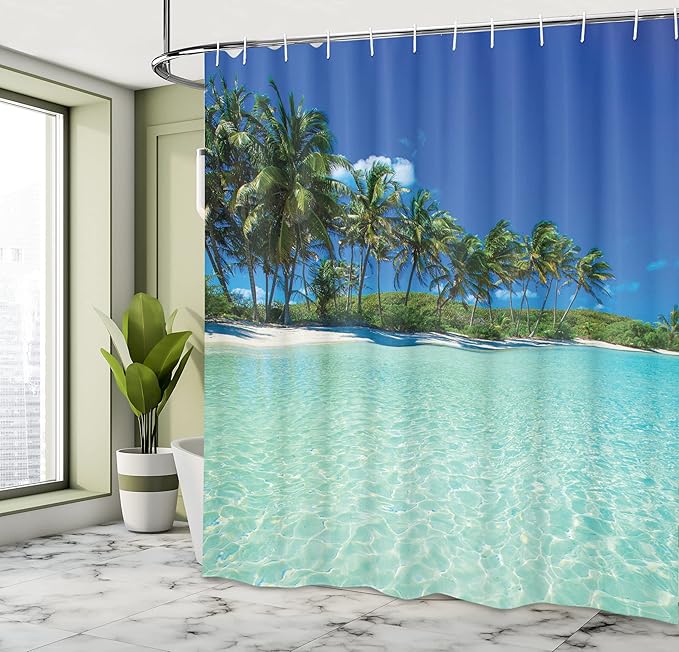 Ambesonne Ocean Shower Curtain, Sunny Day in a Tropical Island with Palm Trees and Ocean Heaven Calm Lands Image, Cloth Fabric Bathroom Decor Set with Hooks, 69" W x 75" L, Green Turquoise