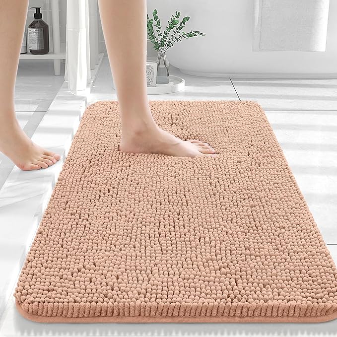 OLANLY Large Bathroom Rugs 50x30, Extra Soft Absorbent Chenille Bath Rugs, Rubber Backing Quick Dry, Machine Washable Bath Mats for Bathroom Floor, Tub and Shower, Home Decor Accessories, Peach