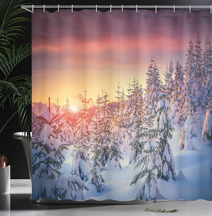Ambesonne Winter Shower Curtain, Snowy Landscape at Gloomy Sunrise Scenery in Mountain Forest Serene Nature Photo, Cloth Fabric Bathroom Decor Set with Hooks, 69" W x 75" L, White Red