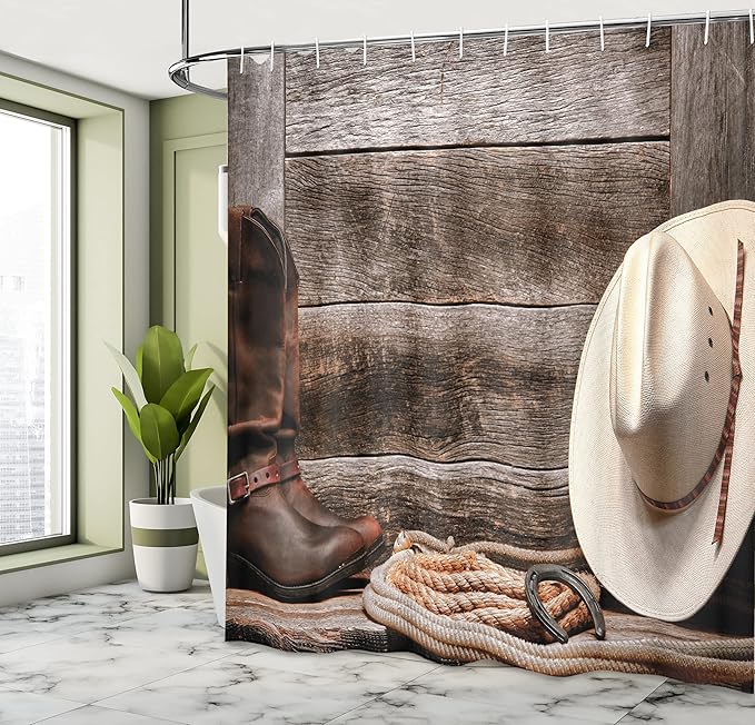 Ambesonne Western Shower Curtain, American West Rodeo Traditional Straw Cowboy Hat Leather Boots Print, Cloth Fabric Bathroom Decor Set with Hooks, 69" W x 75" L, Brown Tan