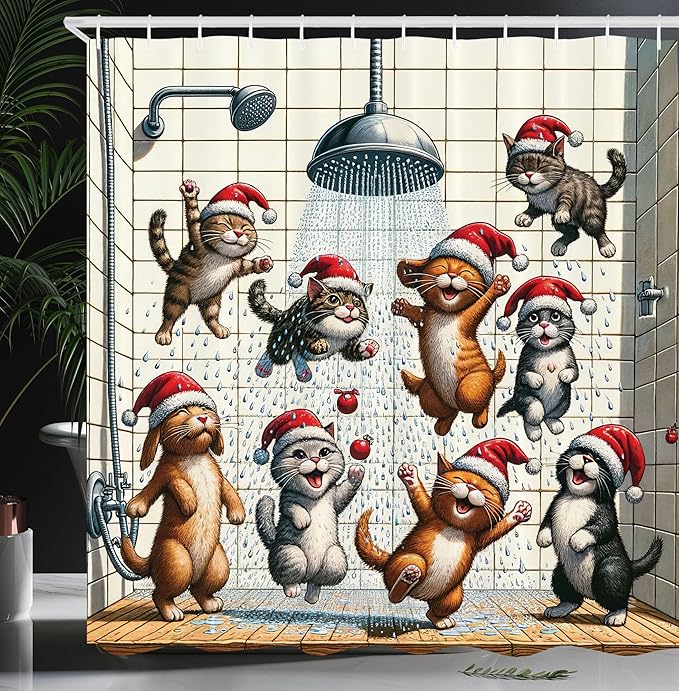 Ambesonne Christmas Shower Curtain, Happy and Cheery Cats Under The Shower Cartoon Kittens in Santa Hats, Cloth Fabric Bathroom Decor Set with Hooks, 69" W x 75" L, Orange Brown Dark Grey