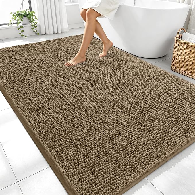 OLANLY Large Bathroom Rugs 70x46, Extra Soft Absorbent Chenille Bath Rugs, Rubber Backing Quick Dry, Machine Washable Bath Mats for Bathroom Floor, Tub and Shower, Home Decor Accessories, Tan