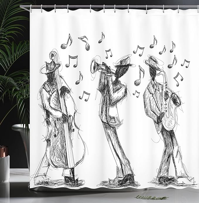 Ambesonne Music Shower Curtain, Sketch Style of a Jazz Band Playing Music with Instruments and Musical Notes Print, Cloth Fabric Bathroom Decor Set with Hooks, 69" W x 84" L, White Charcoal